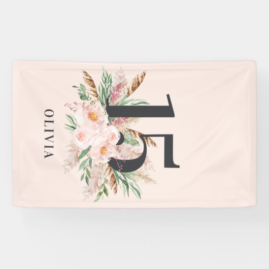 ピンクガーリーの水彩フローラの生誕エレガント生日 横断幕 (横)