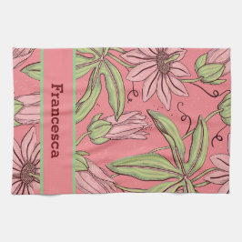 ピンクガーリーの水彩押し花パターン名 キッチンタオル