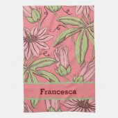 ピンクガーリーの水彩押し花パターン名 キッチンタオル (縦)