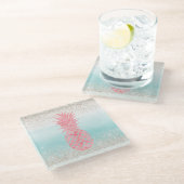 ピンクガーリーの水彩熱帯パイナップル ガラスコースター (アングル)