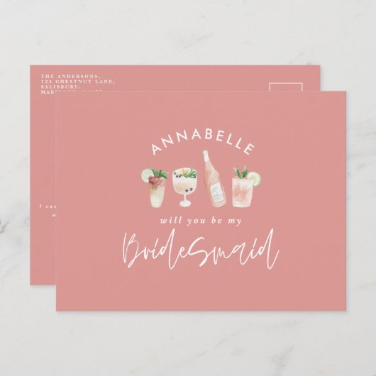 ピンクガーリーの水色彩の鮮やか色の飲み物の花嫁 インビテーションポストカード (正面/裏面)