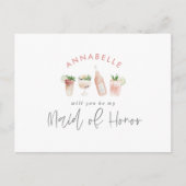 ピンクガーリーの水色彩の鮮やか色飲料メイド・オブ・オーナー（花嫁付き添い人） インビテーションポストカード (正面)