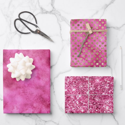ピンクガーリーの水色金ゴールドドットグリッター ラッピングペーパーシート (正面)