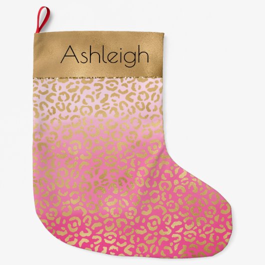ピンクガーリーの水色金ゴールドGlam Leopard Print ラージクリスマスストッキング (正面)