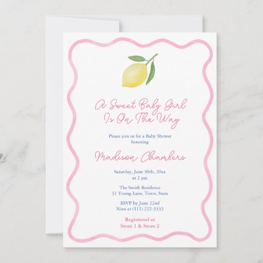 ピンクガーリーの波線レモン甘い赤ちゃんガールシャワー 招待状 (正面)
