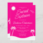 ピンクガーリーの熱帯ビーチスクリプトSweet sixteen 招待状 (正面/裏面)