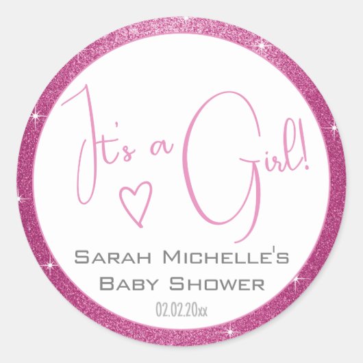 ピンクガーリーの白いグリッター星フレーム赤ちゃんシャワー ラウンドシール (正面)