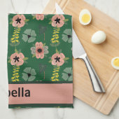 ピンクガーリーの白い花植物模様名 キッチンタオル (四つ折り)