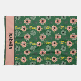 ピンクガーリーの白い花植物模様名 キッチンタオル