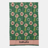 ピンクガーリーの白い花植物模様名 キッチンタオル (縦)