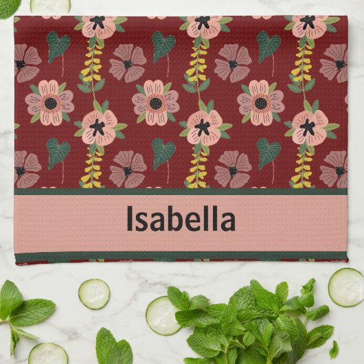 ピンクガーリーの白い花植物模様名 キッチンタオル (折り畳み)