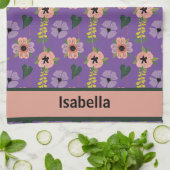 ピンクガーリーの白い花植物模様名 キッチンタオル (折り畳み)