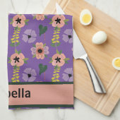 ピンクガーリーの白い花植物模様名 キッチンタオル (四つ折り)