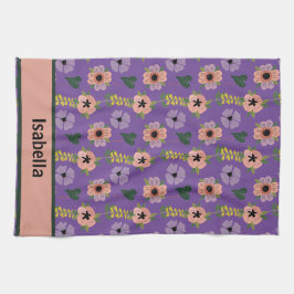 ピンクガーリーの白い花植物模様名 キッチンタオル