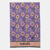 ピンクガーリーの白い花植物模様名 キッチンタオル (縦)