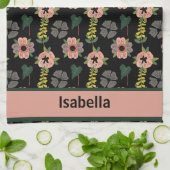 ピンクガーリーの白い花植物模様名 キッチンタオル (折り畳み)