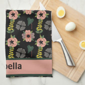 ピンクガーリーの白い花植物模様名 キッチンタオル (四つ折り)