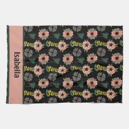 ピンクガーリーの白い花植物模様名 キッチンタオル