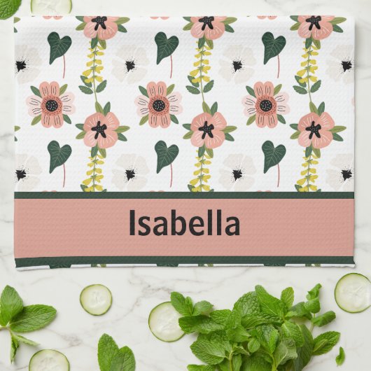 ピンクガーリーの白い花植物模様名 キッチンタオル (折り畳み)