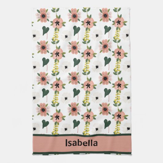 ピンクガーリーの白い花植物模様名 キッチンタオル (縦)