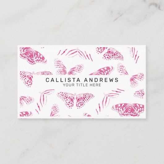 ピンクガーリーの白い蝶の水色パターン 名刺 (正面)
