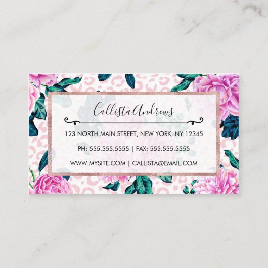 ピンクガーリーの花とヒョウアニマルプリント 名刺 (裏面)