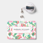 ピンクガーリーの花の緑の葉柄 バッジ (Back with Retractable)