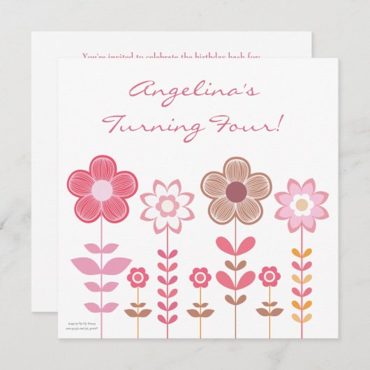 ピンクガーリーの花カスタム誕生日招待状 招待状 (正面/裏面)