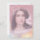 ピンクガーリーの虹色フェイクグリッター写真甘い16 招待状 (正面)
