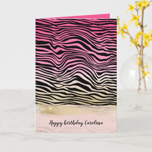 ピンクガーリーの金ゴールドグラデーションカラー黒ゼブラ印刷 カード (黄色い花)