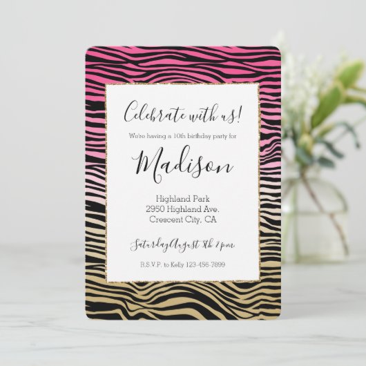 ピンクガーリーの金ゴールドグラデーションカラー黒ゼブラ印刷 招待状 (スタンド正面)