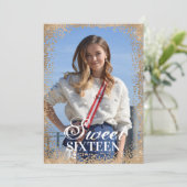 ピンクガーリーの金ゴールドグリッター紙吹雪写真甘い16 招待状 (スタンド正面)