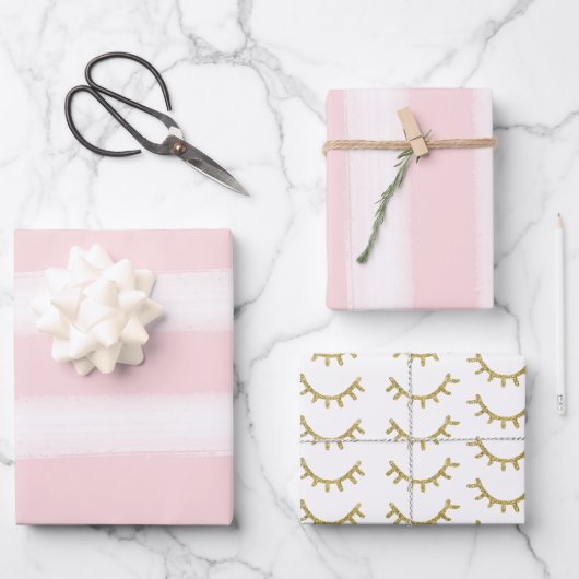 ピンクガーリーの金ゴールドストライプグリッターまつげ輝き ラッピングペーパーシート (正面)