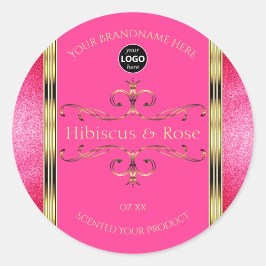 ピンクガーリーの金ゴールド製品ラベルのグリッター縁どロゴ ラウンドシール (正面)