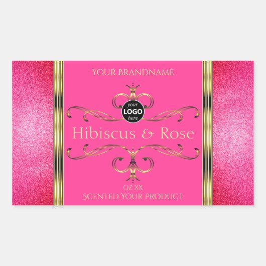 ピンクガーリーの金ゴールド製品ラベルのグリッター縁どロゴ 長方形シール (正面)