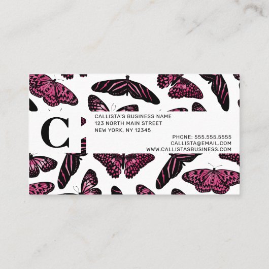 ピンクガーリーの黒い蝶の水色パターン 名刺 (裏面)