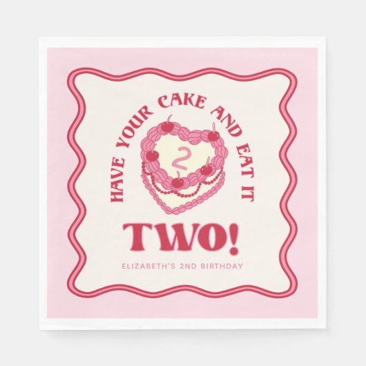 ピンクガーリーはケーキを持ち食べて2誕生日 スタンダードランチョンナプキン (正面)