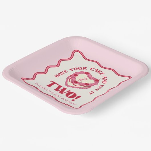 ピンクガーリーはケーキを持ち食べて2誕生日 ペーパープレート (傾斜あり)