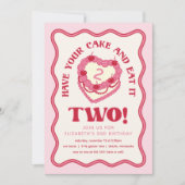 ピンクガーリーはケーキを持ち食べて2誕生日 招待状 (正面)