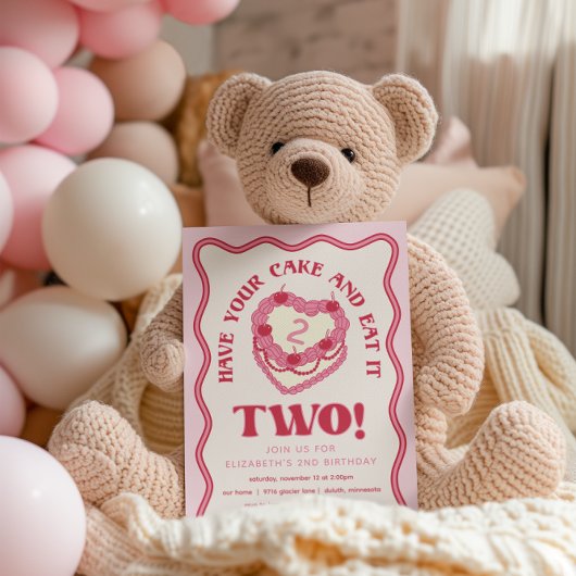 ピンクガーリーはケーキを持ち食べて2誕生日 招待状