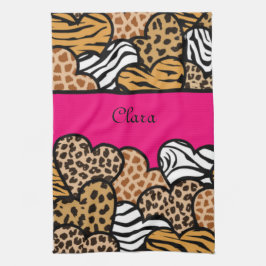 ピンクガーリーアニマルプリントハート（名前あり） キッチンタオル