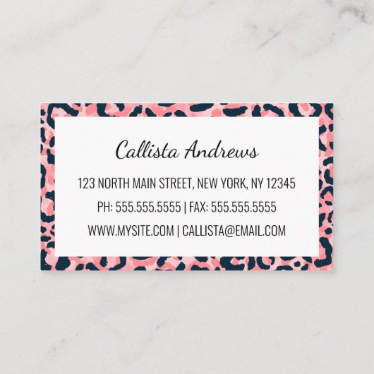 ピンクガーリーアートブルーレオパードアニマルプリント 名刺 (裏面)