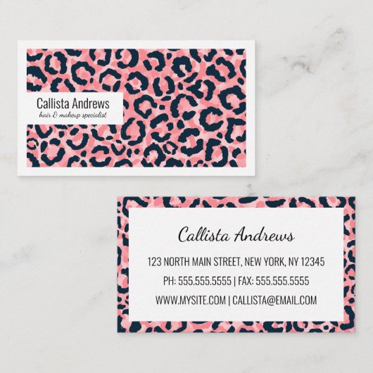 ピンクガーリーアートブルーレオパードアニマルプリント 名刺 (正面/裏面)
