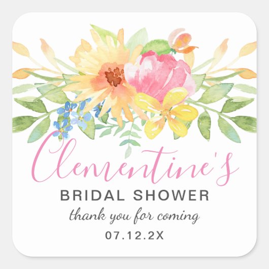 ピンクガーリーイエローフローラブライダルシャワーありがとう スクエアシール (正面)