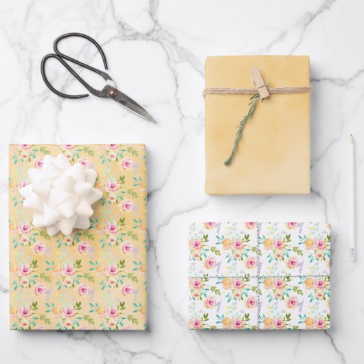 ピンクガーリーイエローフローラ ラッピングペーパーシート (正面)