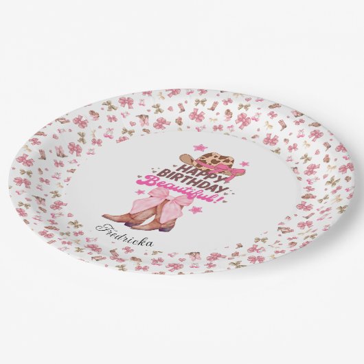 ピンクガーリーウェスタン女性のカーボーイハッピーバースデーカスタム ペーパープレート (アングル)
