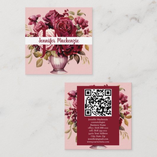 ピンクガーリーエレガントバーガンディレッドローズ スクエア名刺 (正面/裏面)