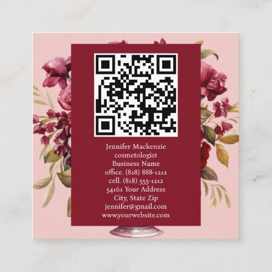 ピンクガーリーエレガントバーガンディレッドローズ スクエア名刺 (裏面)