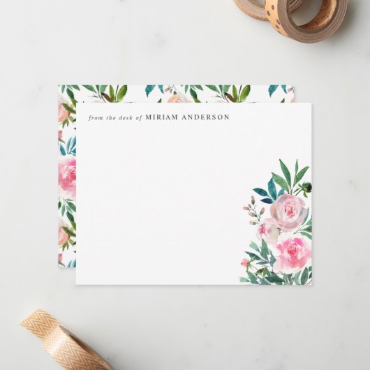 ピンクガーリーエレガントフローラ牡丹バラ水彩 ノートカード (正面/裏面インサイチュ)