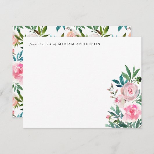 ピンクガーリーエレガントフローラ牡丹バラ水彩 ノートカード (正面/裏面)